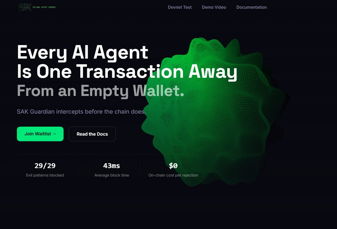 Solana Agent Kernel landing page showing evil patterns blocked, average block time and on-chain cost per rejection