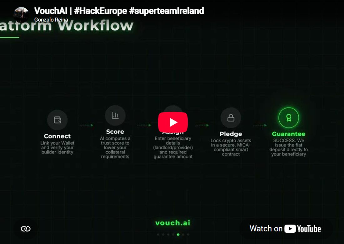 VouchAI platform workflow: connect, score, assign, pledge, guarantee